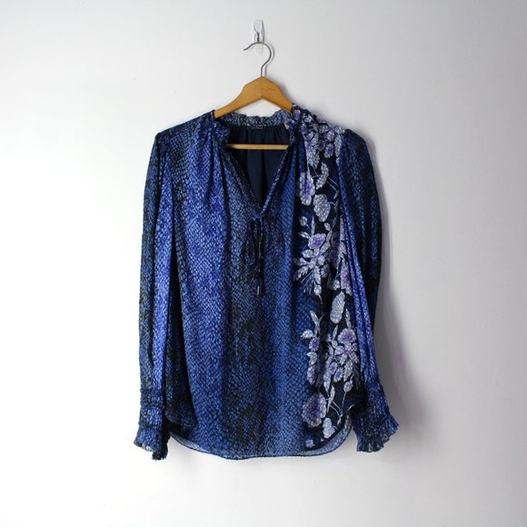 ELIE TAHARI Zeina floral and Snake Print Blouson Sleeve Blouse top blue Sz M - Picture 1 of 12